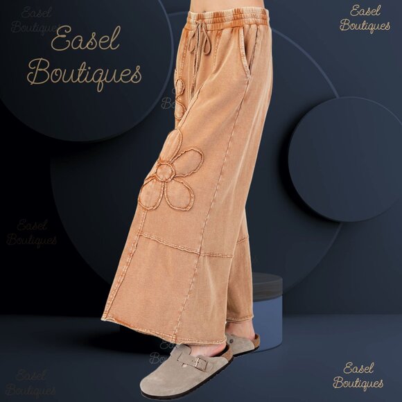 EASEL “Flower Power” Mineral Wash Pants Wide Leg Cozy Relax Fit Raw Seams, Hems - Picture 2 of 14